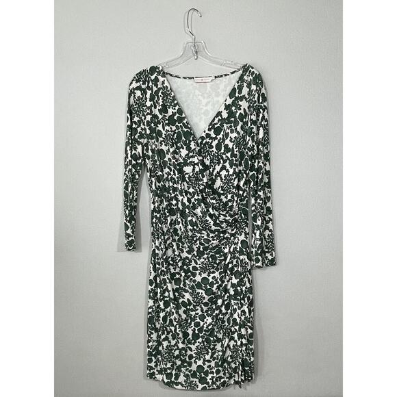 Tory Burch Size Medium Green Ivory Leaf Print Michele Faux Wrap Dress V Neck - Picture 1 of 9